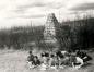Outdoor art class in front of the cairn, Grade 4 or 5, circa 1945