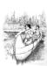 Depiction of two Cree fishing off the side of their canoe with a net.  