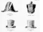 Four styles of beaver felt hats popular in 19th century Europe.  