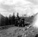 Rock wagon on its side during Yellowhead Highway Construction