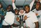 The BC Lions celebrating in their locker room.