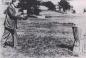 Dr. James Naismith poses with a basketball and two peach baskets.