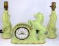 Light green horse mantel clock (windup) with matching lamp stands, Snider Clock Corporation.