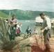 Children watch while fishermen mend their nets.