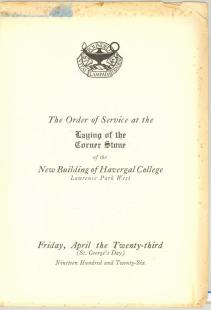 Historic photo from Friday, April 23, 1926 - Programme from Cornerstone laying of new Havergal building on Avenue Road
 in Lawrence Park