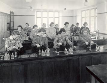 Historic photo from 1939 - Students at work in the Havergal Chemistry Lab in Lawrence Park