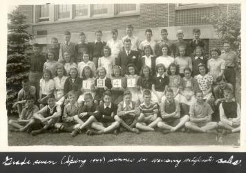 Historic photo from 1944 - Blythwood Elementary school - Grade seven (Spring 1944) winners in war savings certificate sales in Sherwood Park