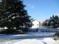 Side view of Craigflower Manor after a January snowfall