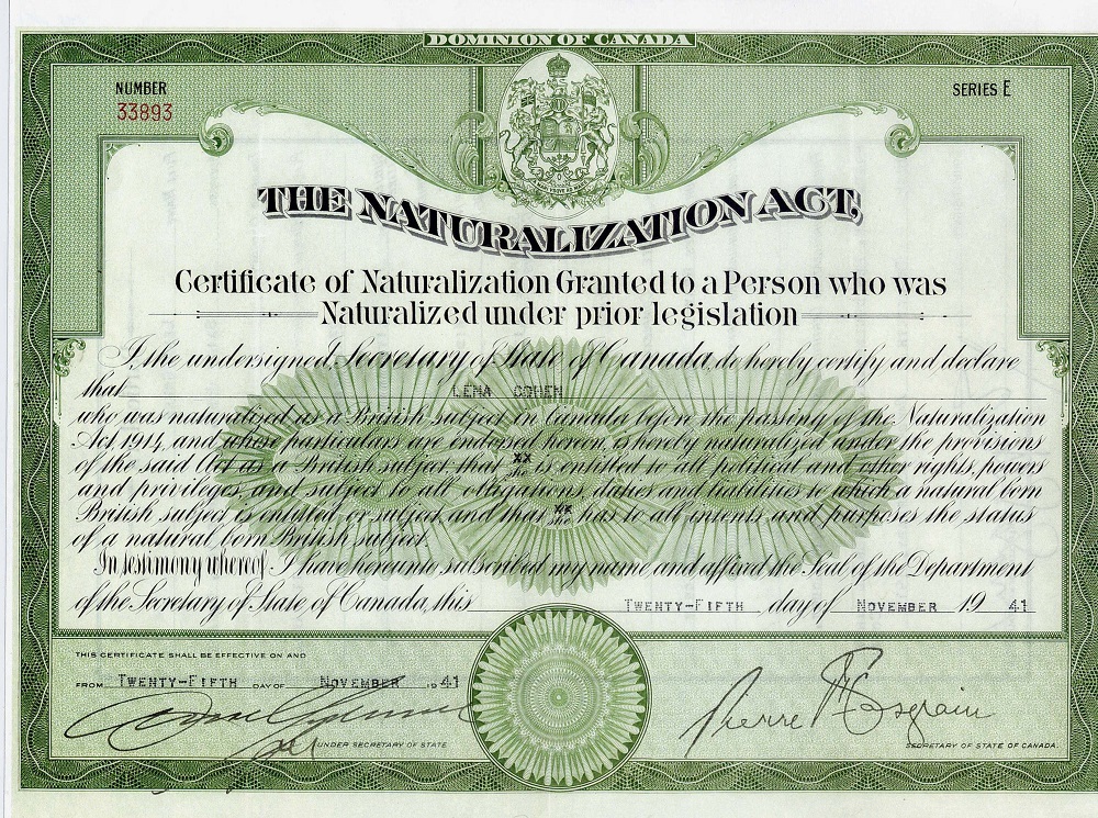 Printed document with green border and text granting naturalization to immigrants under The Naturalization Act of Canada