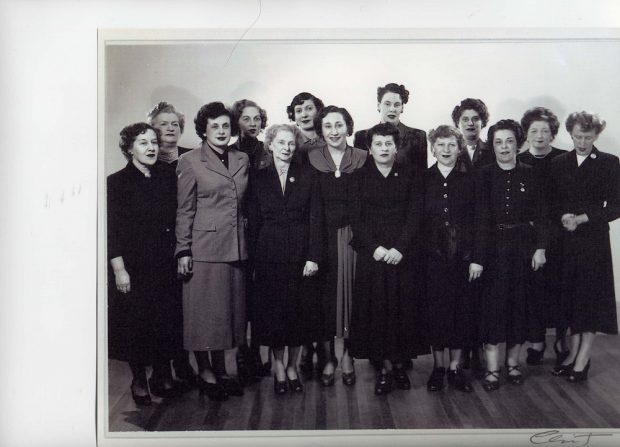 14 middle aged women in skirts and jackets standing in two rows