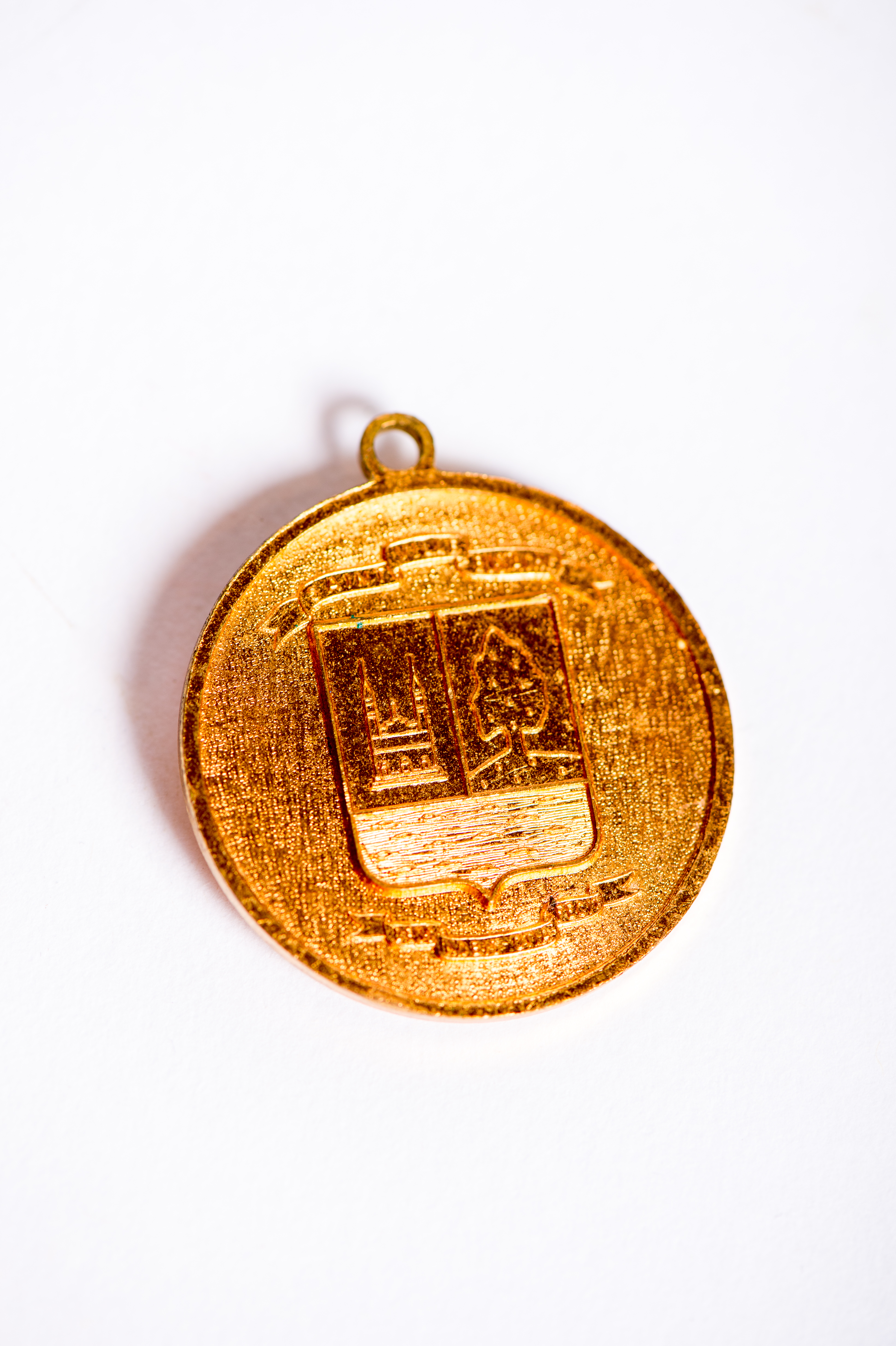 Photograph of a gold-coloured medal of honour on a white background, showing the coat of arms of the City of Saint-Eustache: a church, an oak and a river.