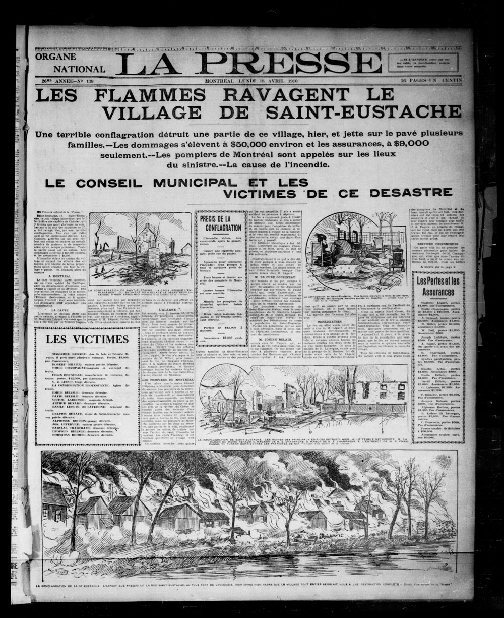 Black and white photograph of an article in the La Press newspaper, dating from 1910. The article describes one of the most devastating fires in the history of Saint-Eustache.