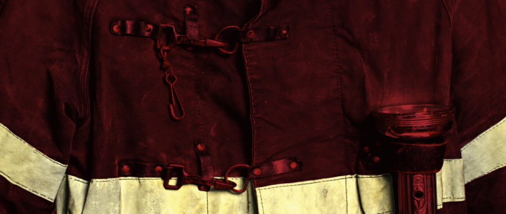 Red and yellow colour photograph of a firefighter’s protective gear.