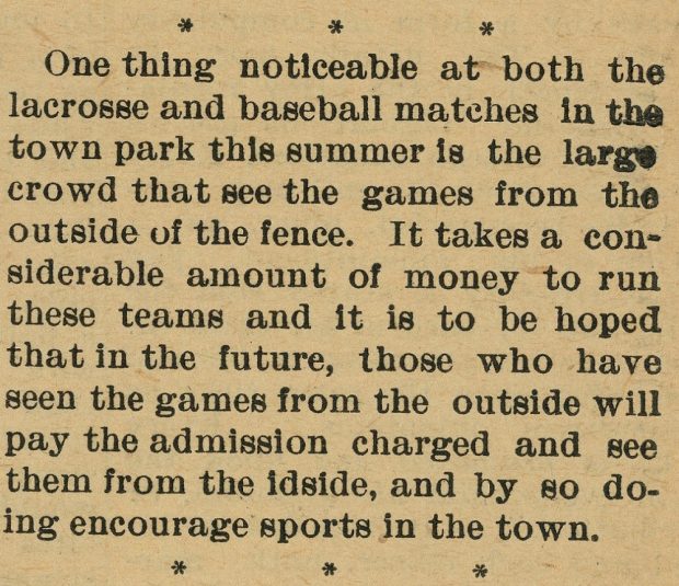 A newspaper clipping reporting on the crowds viewing lacrosse and baseball matches without paying