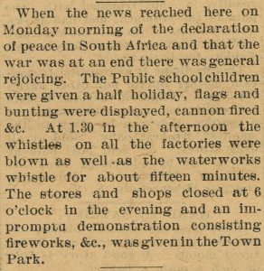 A clipping from a newspaper detailing celebratory events following news of the declaration of peace in South Africa in 1902