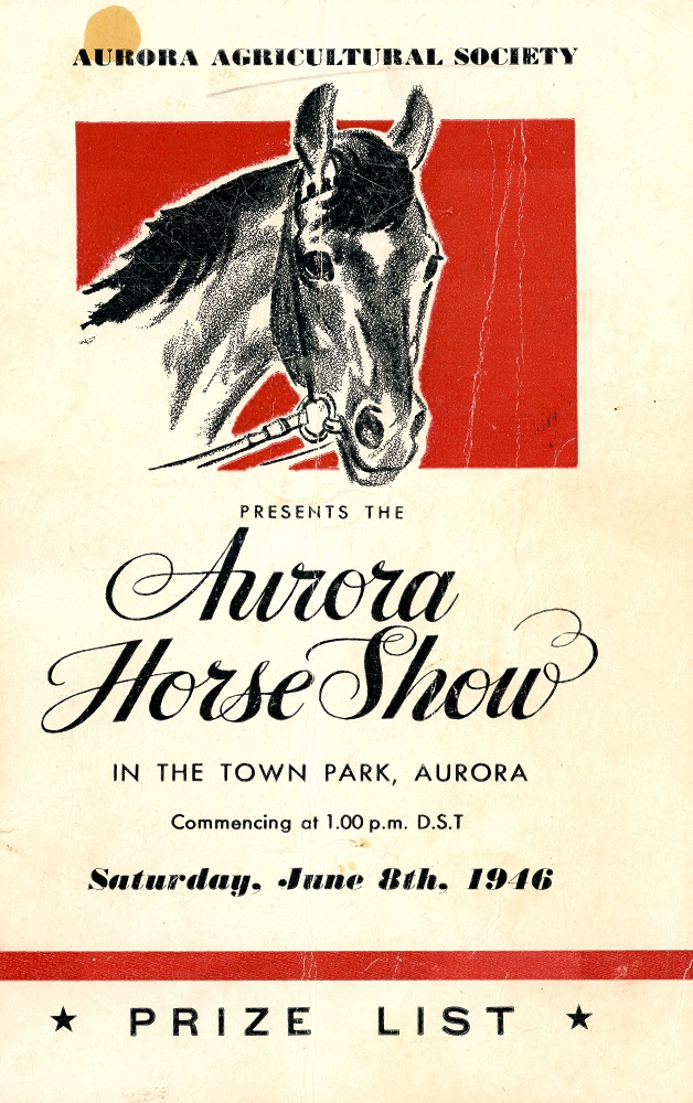 The cover of a program printed in black ink on cream paper depicting a drawing of a horse's head set against a red background together with printed details concerning the event