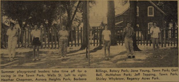 A sepia, black and grey image of six teenagers in a park. Each person is seated on a swing that is part of a playground swing set. They all have their legs extended down straight beneath them so they appear to be standing but are actually leaning back on the seat of the swing. In the background is a picket fence and behind it are house. There is a small caption in black text underneath the image.