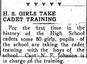 Small black and white image of a typed newspaper announcement regarding girl cadet training