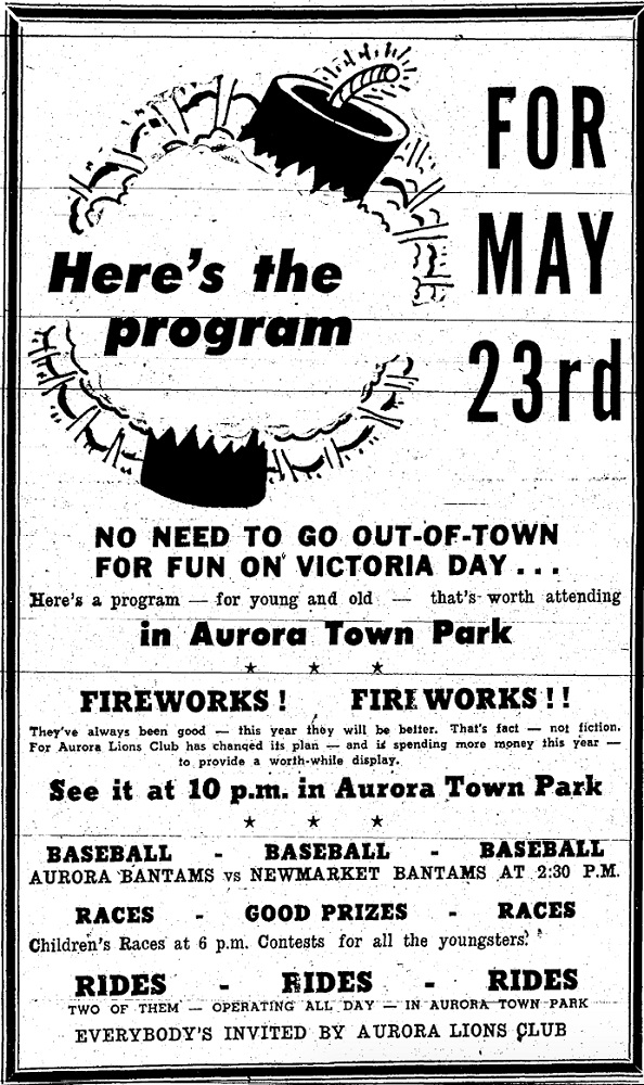 A black and white newspaper advertisement for Victoria Day featuring a graphic image of a large firecracker in the upper left corner and descriptive text about the event.