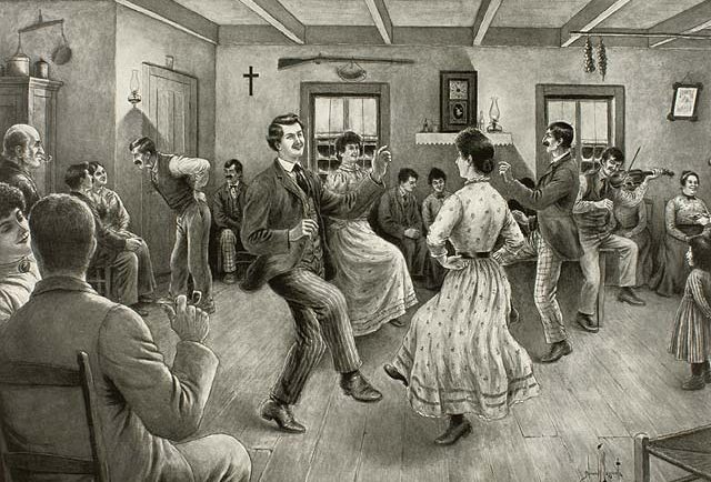 Engraving from 1915 by Edmond-Joseph Massicotte, depicting an old-fashioned Quebec house party. Two dancing couples are surrounded by other partygoers seated on chairs. A fiddler plays in the background.