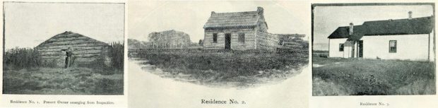 Set of three black and white photos, each with a small log building. The first one is a small log house with a man in the doorway, the center one is a larger gable roof log house, and the third is the largest painted log house.