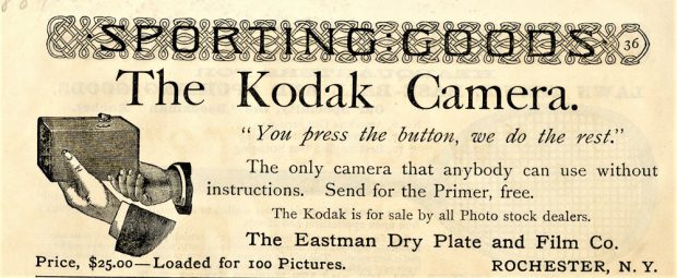 Early advertisement for the first Kodak box camera with logo You press the button, we do the rest.