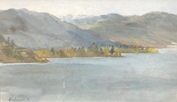 Watercolour of a lake with the trees and hills on the far shore.