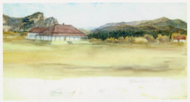 Watercolour of a one-storey white house with a red roof and a smaller house to the left with hills and trees in the background.