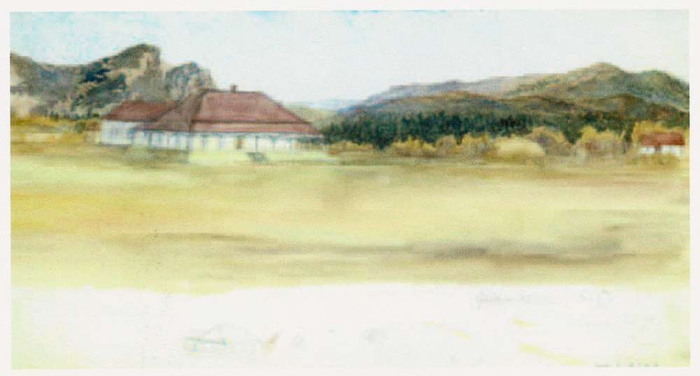Watercolour of a one-storey white house with a red roof and a smaller house to the left with hills and trees in the background.