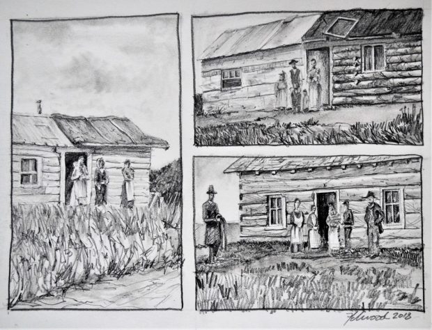 Set of three drawings showing early rustic log cabins with prairie settlers in front.