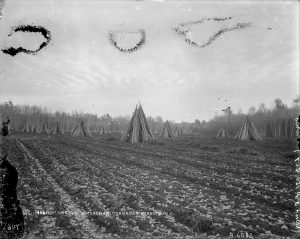 Photo en noir et blanc de minces branches arrangées en forme de tipi dans un champ labouré.