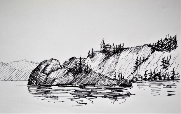 Ink drawing of a lake and a large spit of land with trees and a large house perched at the top of the hill.