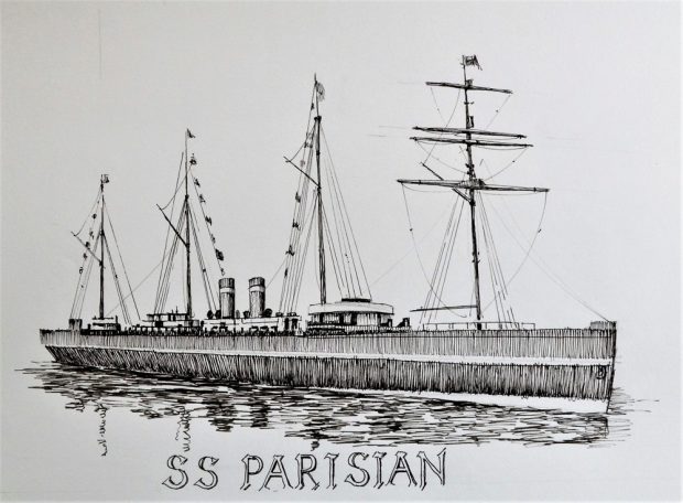 Ink drawing of a long 1890 steamship with four masts, named S.S. Parisian.