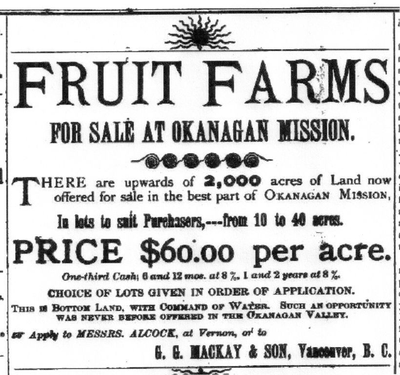 Old fashioned advertisement for Fruit Farms for Sale at Okanagan Mission.