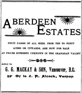 Annonce publicitaire ancienne pour la vente de fermes fruitières dans la vallée de l’Okanagan.