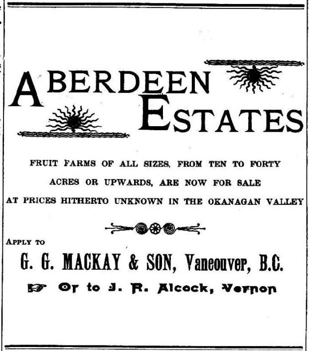 Old fashioned advertisement for the sale of fruit farms in the Okanagan Valley