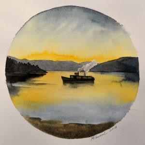 A circular watercolour of a small steamboat on a lake at sunset with hills behind.