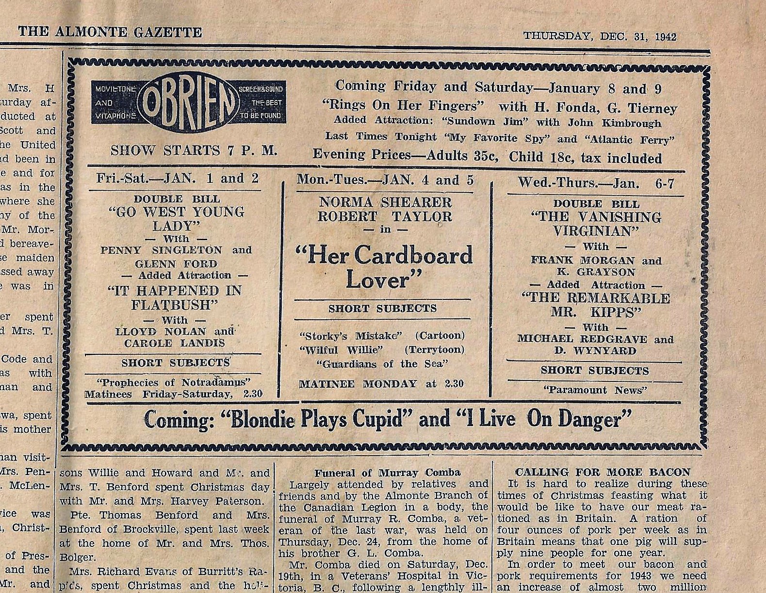 Newspaper clipping of an advertisement for the O'Brien Theatre from the Almonte Gazette on December 31, 1942