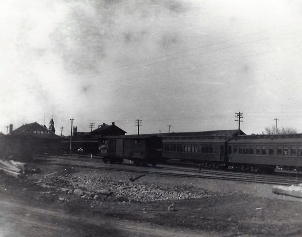 Historic photograph of the Ottawa Valley Local train departing the Almonte train station, 1940s