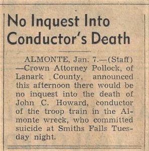 Newspaper clipping about the death of John Howard from the Almonte Gazette, January 8, 1943