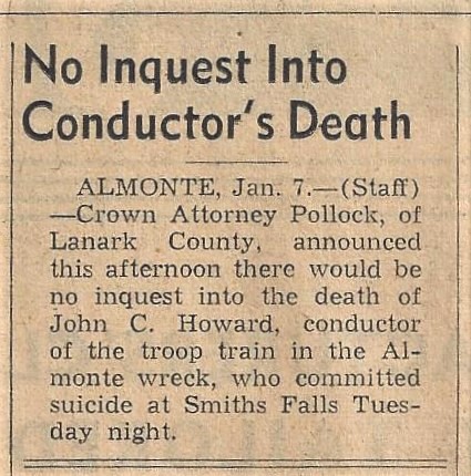 Newspaper clipping about the death of John Howard from the Almonte Gazette, January 8, 1943
