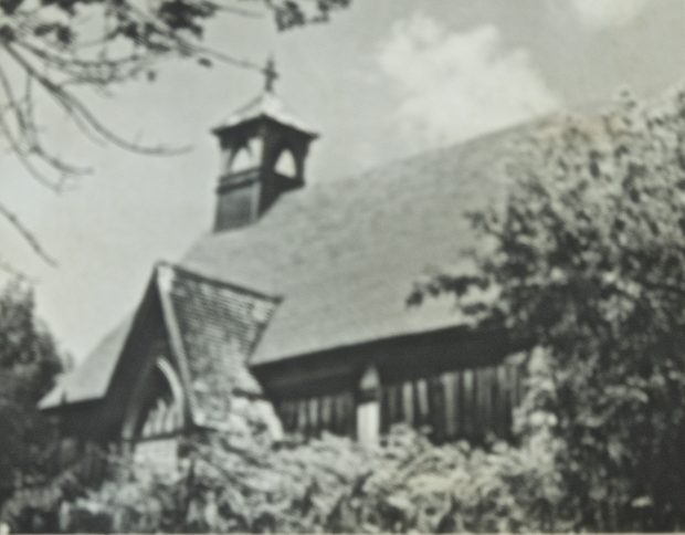 Black and white photograph of second St. James the Apostle church on the hill.