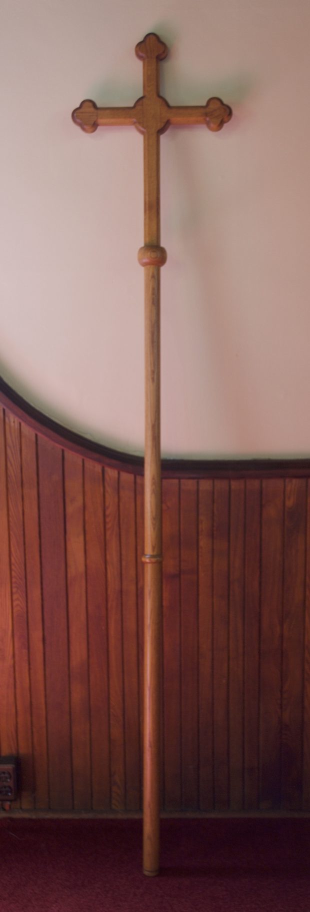Oak staff with cross. Approximately152 cm by 76 cm.