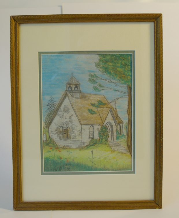 Framed watercolour of second St. James Church.