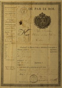 Large Parchment passport for John Langton that he used in 1830 to emigrate to Canada. Certificate is treated in elaborate border, written in French and contains the royal seal.