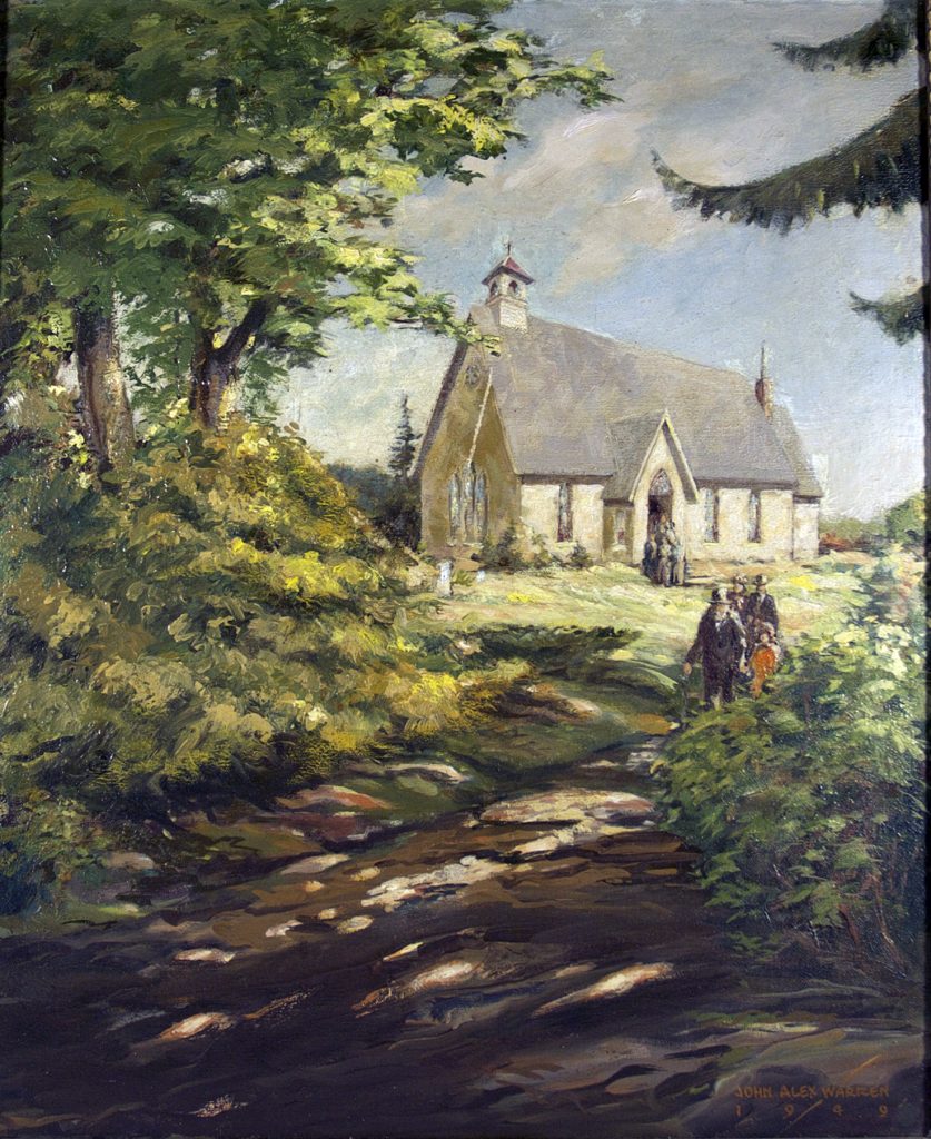 La cloche de l'église St. James. Painting shows a group of people walking down down the path from Church Hill