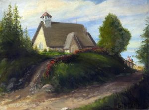 A 20th century watercolour of the second St. James Church on a summer's day. The painting shows the church on a hill with a path leading to its doors.