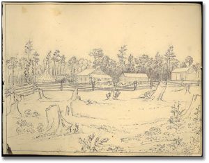Sketch of Blythe Farm. In the foreground are tree stumps and then a rustic farm fence probably of cedar. Further in the background are two out buildings and what looks like the original home of John Langton. To the left is a round tent structure. Further in the background are trees. The sketch is very yellowed.