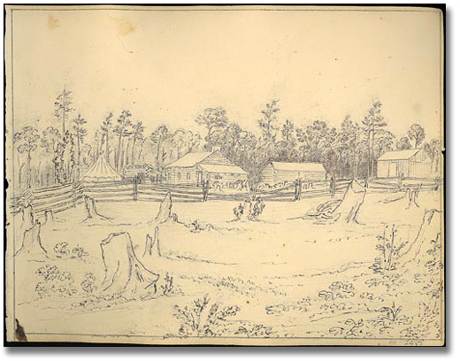 Sketch of Blythe Farm. In the foreground are tree stumps and then a rustic farm fence probably of cedar. Further in the background are two out buildings and what looks like the original home of John Langton. To the left is a round tent structure. Further in the background are trees. The sketch is very yellowed.