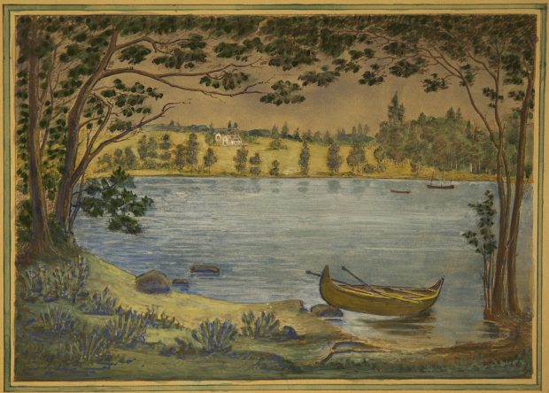 A miniature watercolour by Anne Langton. The sketch shows Blythe Farm across the lake from landing. There is a canoe in the water on the shore. The colours in the sketch are green and yellow tones. The trees have full foliage on them suggesting that it is summer.